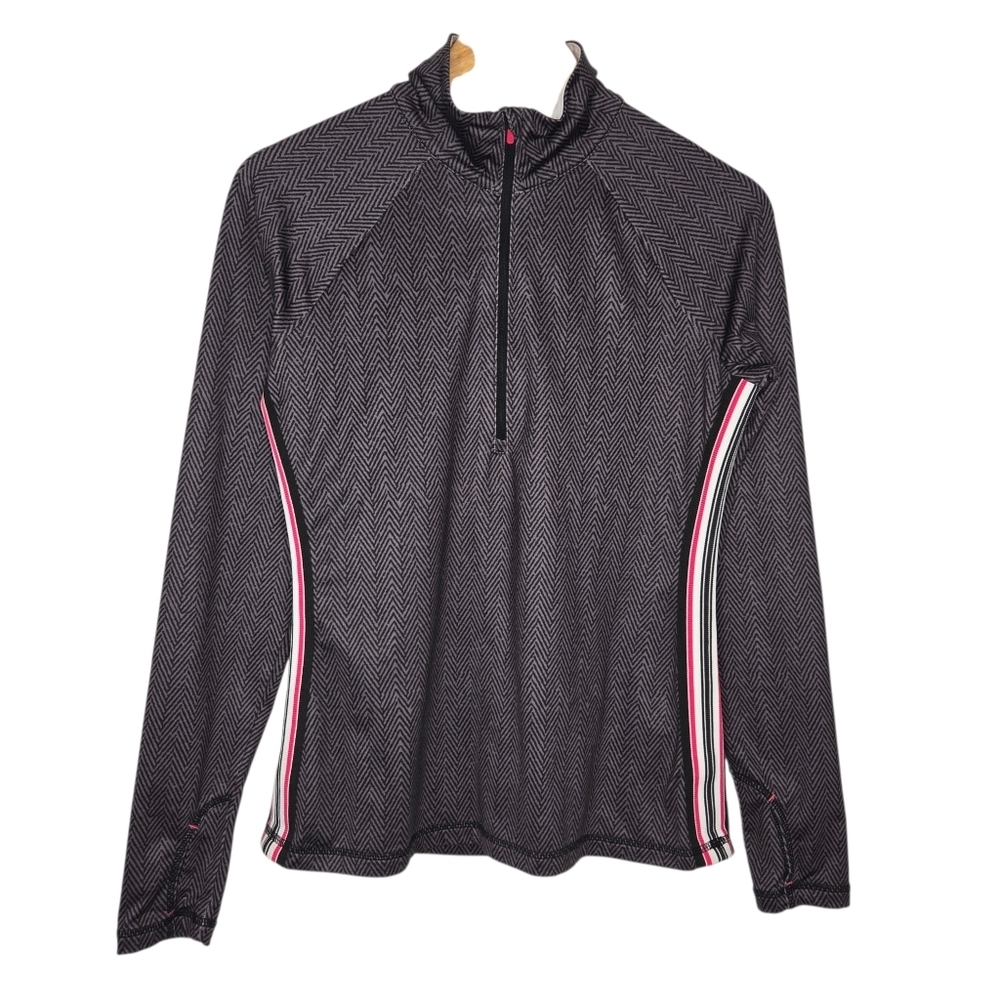 Athleta Womens Herringbone Print Pink Side Stripe Quarter Zip Pullover Medium - Picture 1 of 9